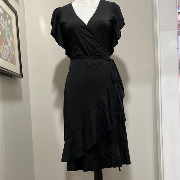 Banana Republic Black Wrap Dress Size Small Petite Asymmetrical Hem Ruffle Tiers - Picture 9 of 9